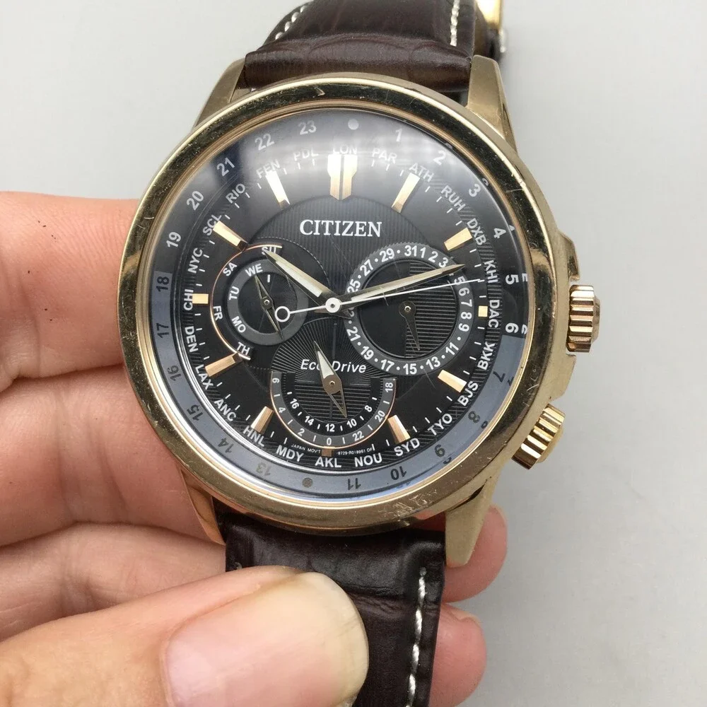 Citizen Eco-Drive Mens Watch 44mm Black Dial Gold Tone Brown Leather World Time